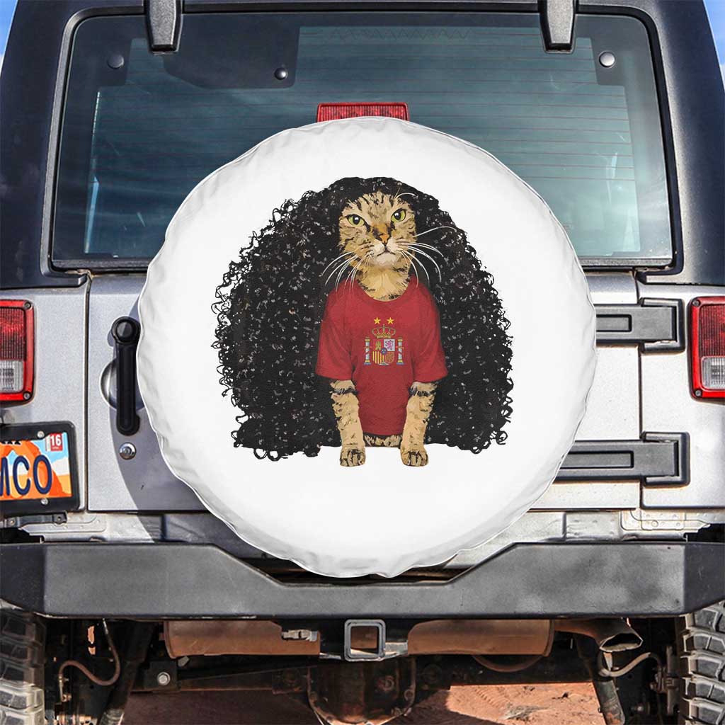 Funny Long Curly Hair Wig Soccer Cat Graphic Spare Tire Cover Spain Espana Sports Fans Meme Spanish Pride