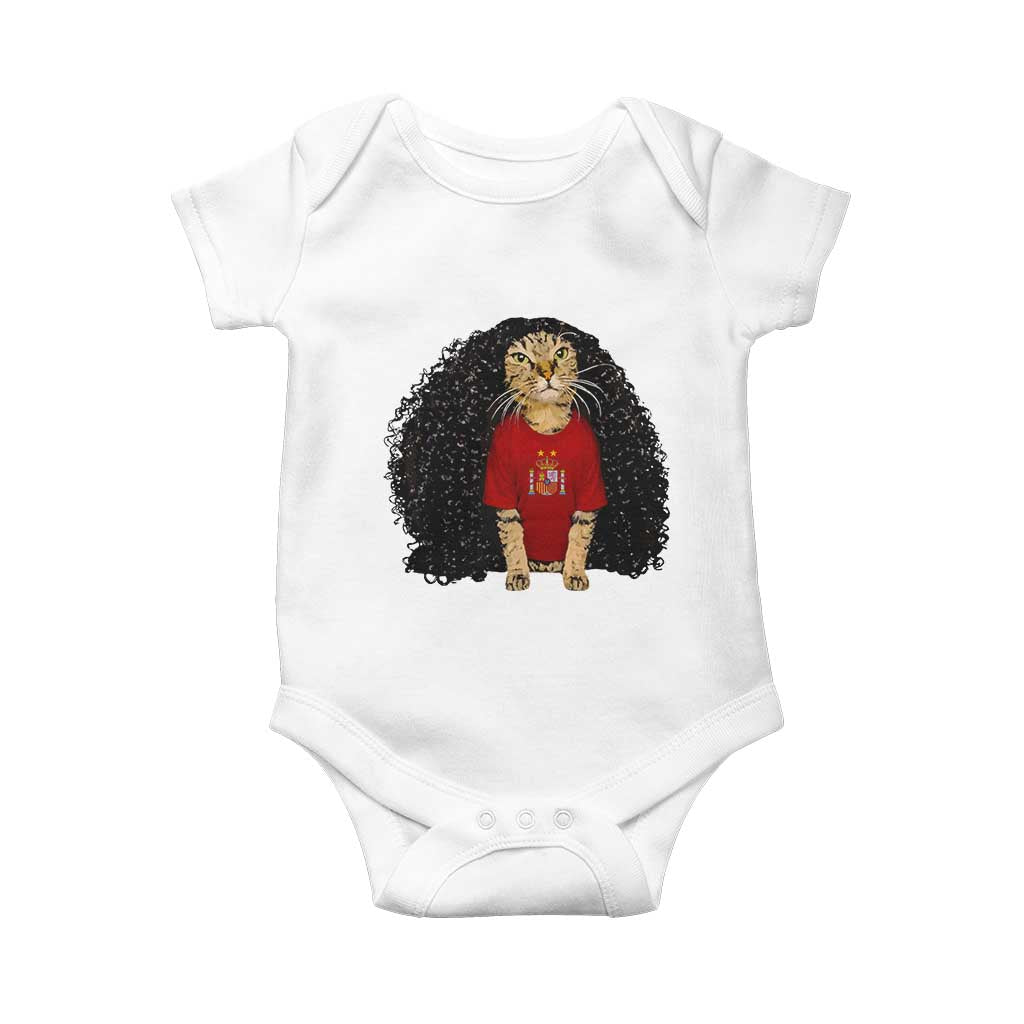 Funny Long Curly Hair Wig Soccer Cat Graphic Baby Onesie Spain Espana Sports Fans Meme Spanish Pride