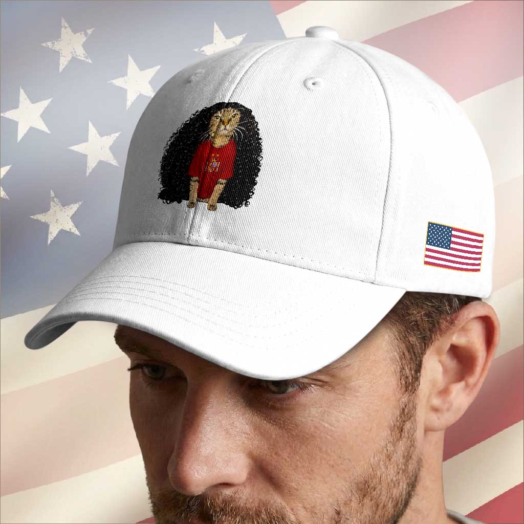 Funny Long Curly Hair Wig Soccer Cat Graphic Baseball Cap Spain Espana Sports Fans Meme Spanish Pride