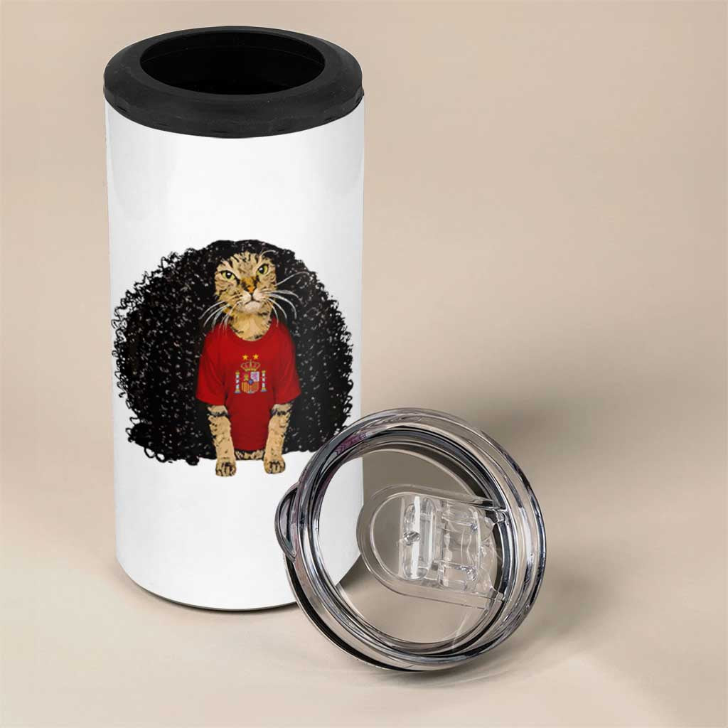 Funny Long Curly Hair Wig Soccer Cat Graphic 4 in 1 Can Cooler Tumbler Spain Espana Sports Fans Meme Spanish Pride