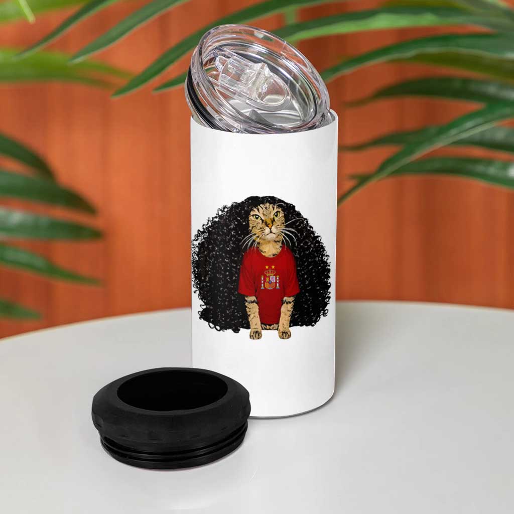 Funny Long Curly Hair Wig Soccer Cat Graphic 4 in 1 Can Cooler Tumbler Spain Espana Sports Fans Meme Spanish Pride