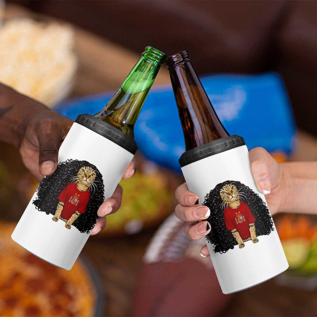 Funny Long Curly Hair Wig Soccer Cat Graphic 4 in 1 Can Cooler Tumbler Spain Espana Sports Fans Meme Spanish Pride