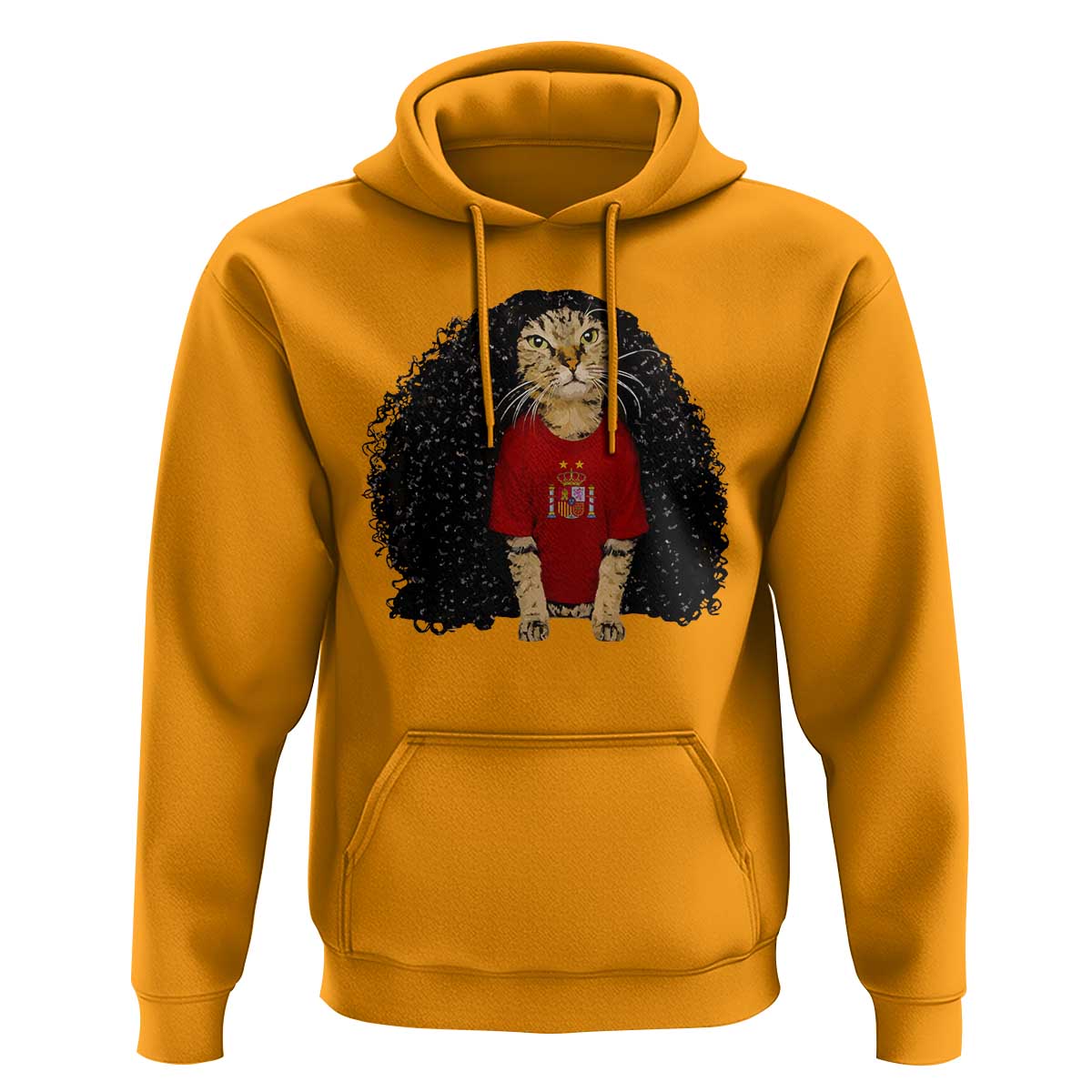 Funny Long Curly Hair Wig Soccer Cat Graphic Hoodie Spain Espana Sports Fans Meme Spanish Pride