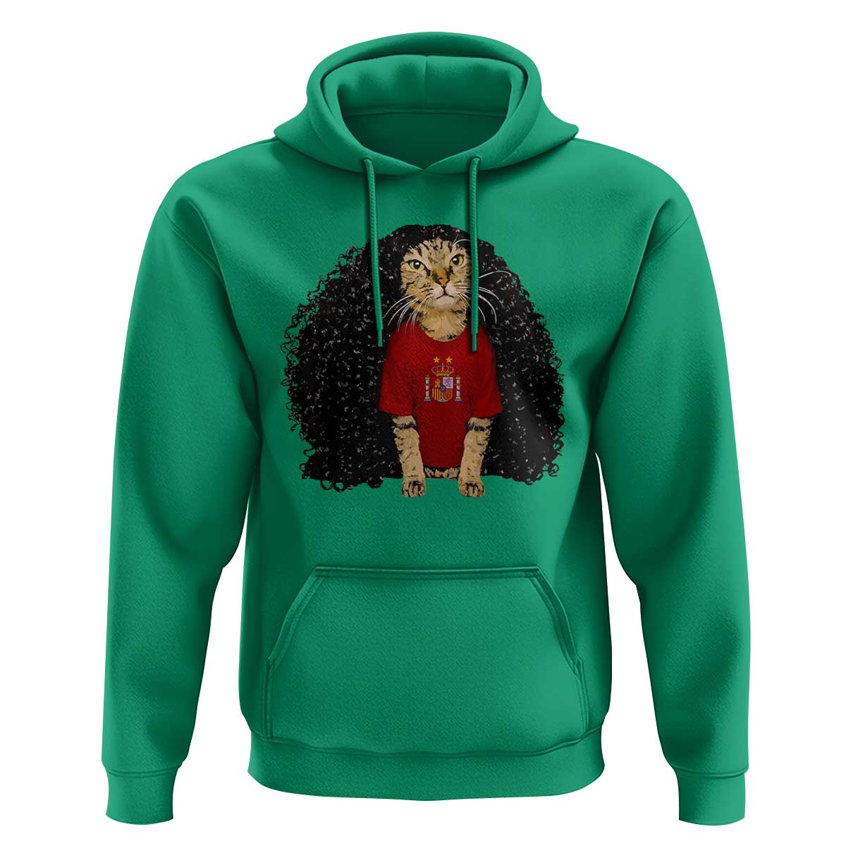 Funny Long Curly Hair Wig Soccer Cat Graphic Hoodie Spain Espana Sports Fans Meme Spanish Pride