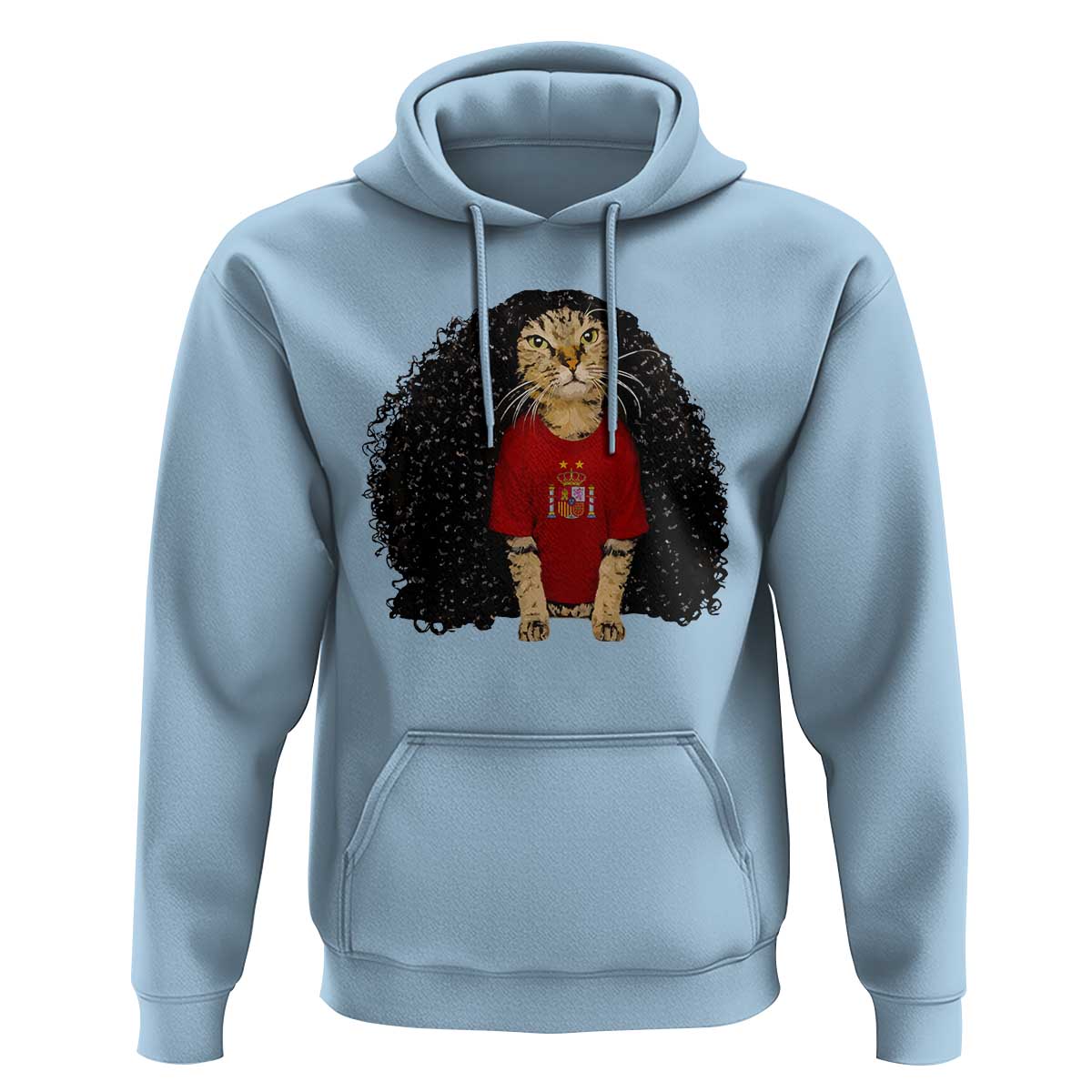 Funny Long Curly Hair Wig Soccer Cat Graphic Hoodie Spain Espana Sports Fans Meme Spanish Pride