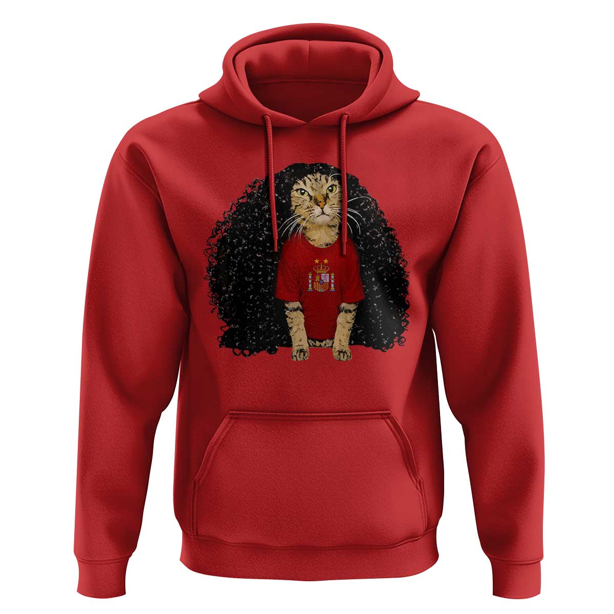 Funny Long Curly Hair Wig Soccer Cat Graphic Hoodie Spain Espana Sports Fans Meme Spanish Pride