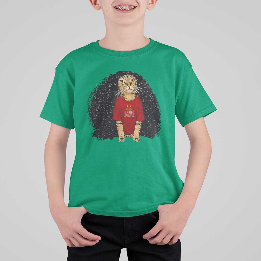 Funny Long Curly Hair Wig Soccer Cat Graphic T Shirt For Kid Spain Espana Sports Fans Meme Spanish Pride