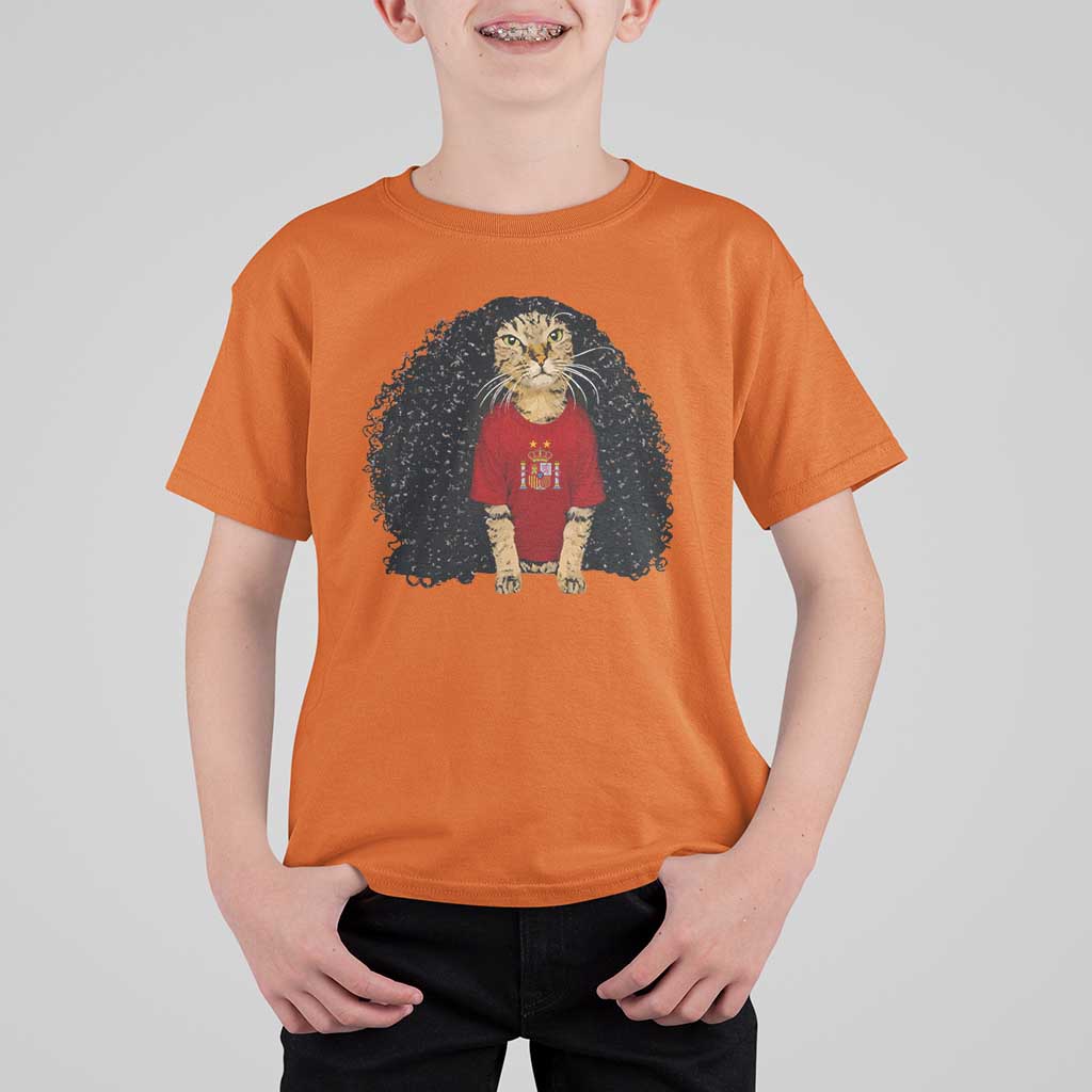 Funny Long Curly Hair Wig Soccer Cat Graphic T Shirt For Kid Spain Espana Sports Fans Meme Spanish Pride
