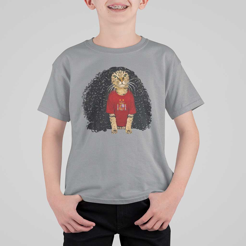 Funny Long Curly Hair Wig Soccer Cat Graphic T Shirt For Kid Spain Espana Sports Fans Meme Spanish Pride
