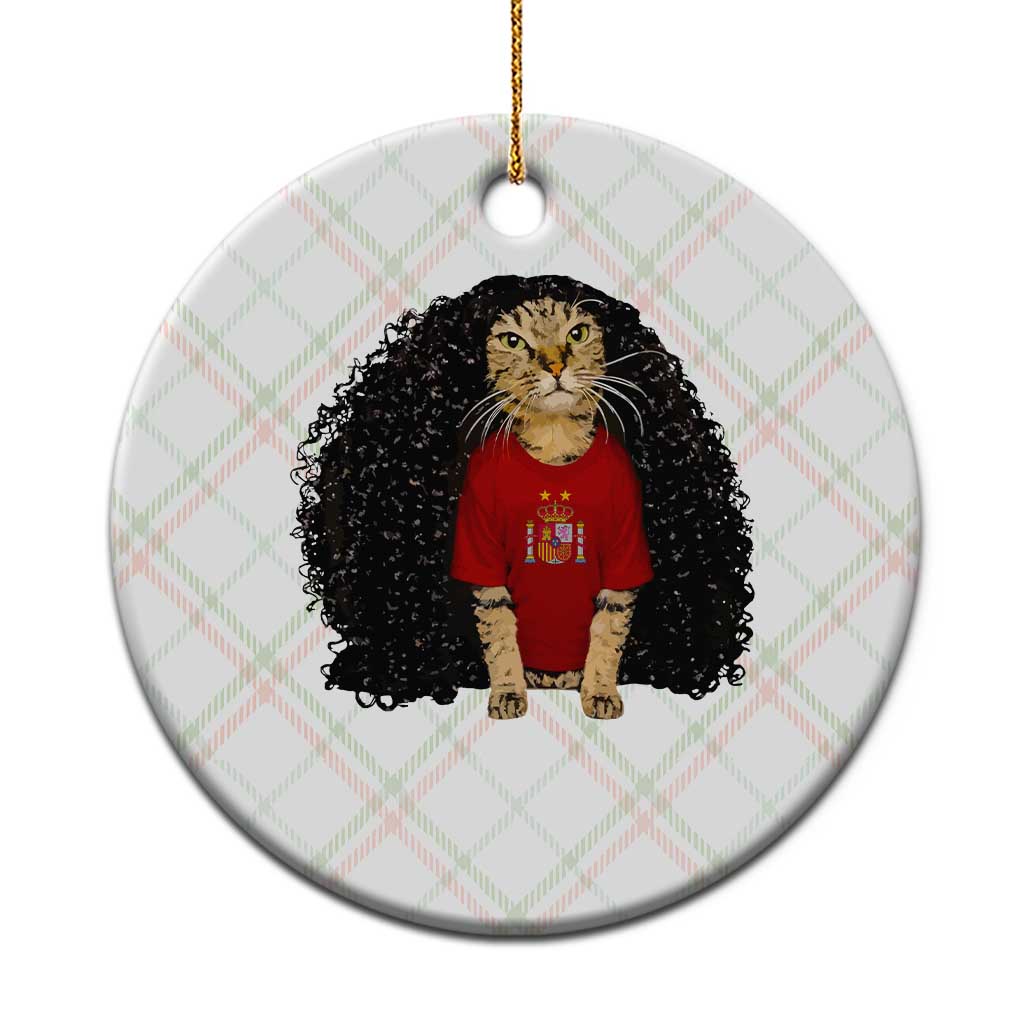 Funny Long Curly Hair Wig Soccer Cat Graphic Ceramic Ornament Spain Espana Sports Fans Meme Spanish Pride