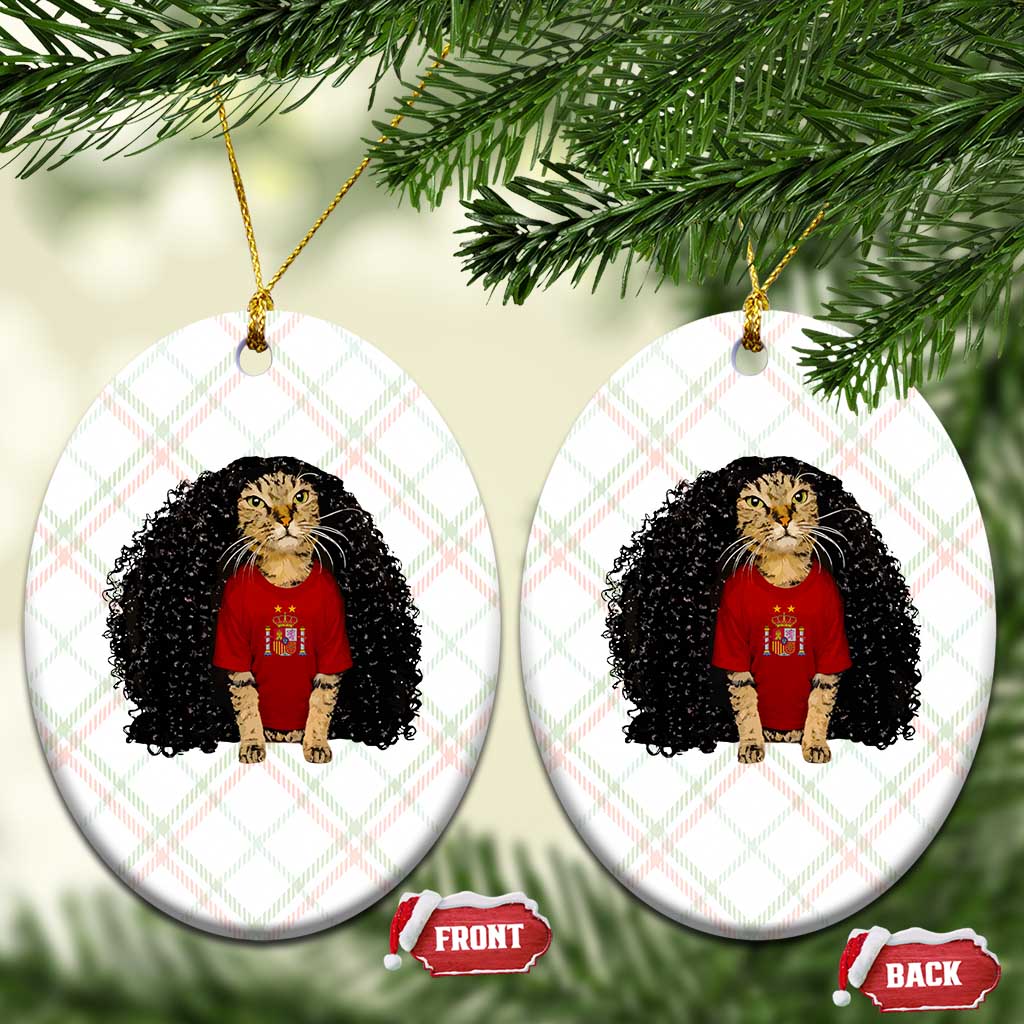 Funny Long Curly Hair Wig Soccer Cat Graphic Ceramic Ornament Spain Espana Sports Fans Meme Spanish Pride