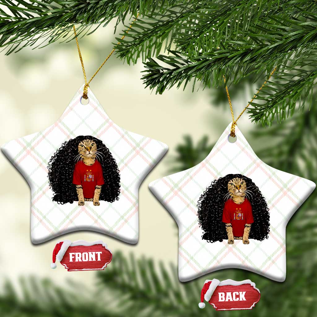 Funny Long Curly Hair Wig Soccer Cat Graphic Ceramic Ornament Spain Espana Sports Fans Meme Spanish Pride