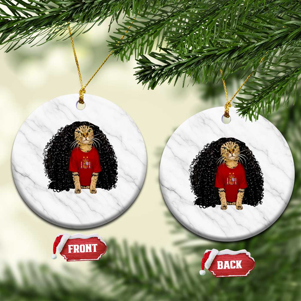 Funny Long Curly Hair Wig Soccer Cat Graphic Ceramic Ornament Spain Espana Sports Fans Meme Spanish Pride