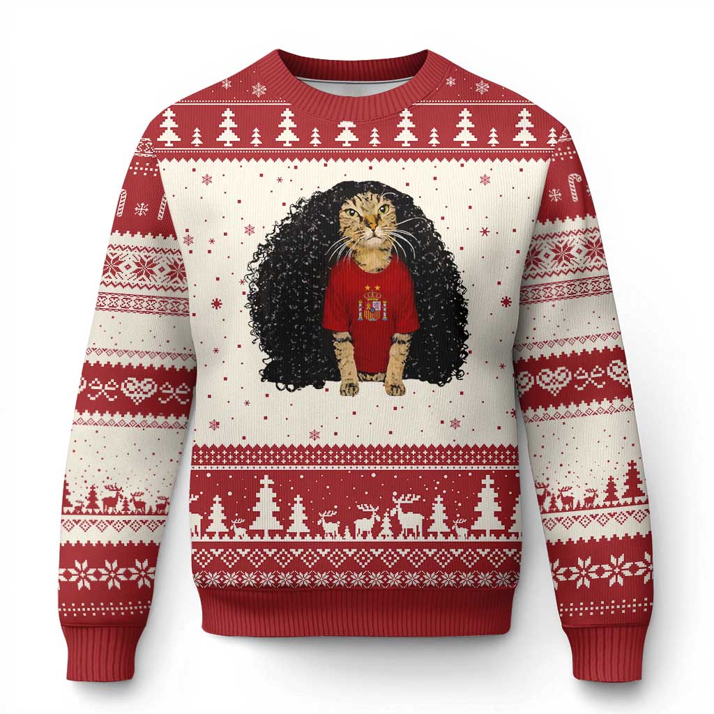 Funny Long Curly Hair Wig Soccer Cat Graphic Ugly Christmas Sweater Spain Espana Sports Fans Meme Spanish Pride