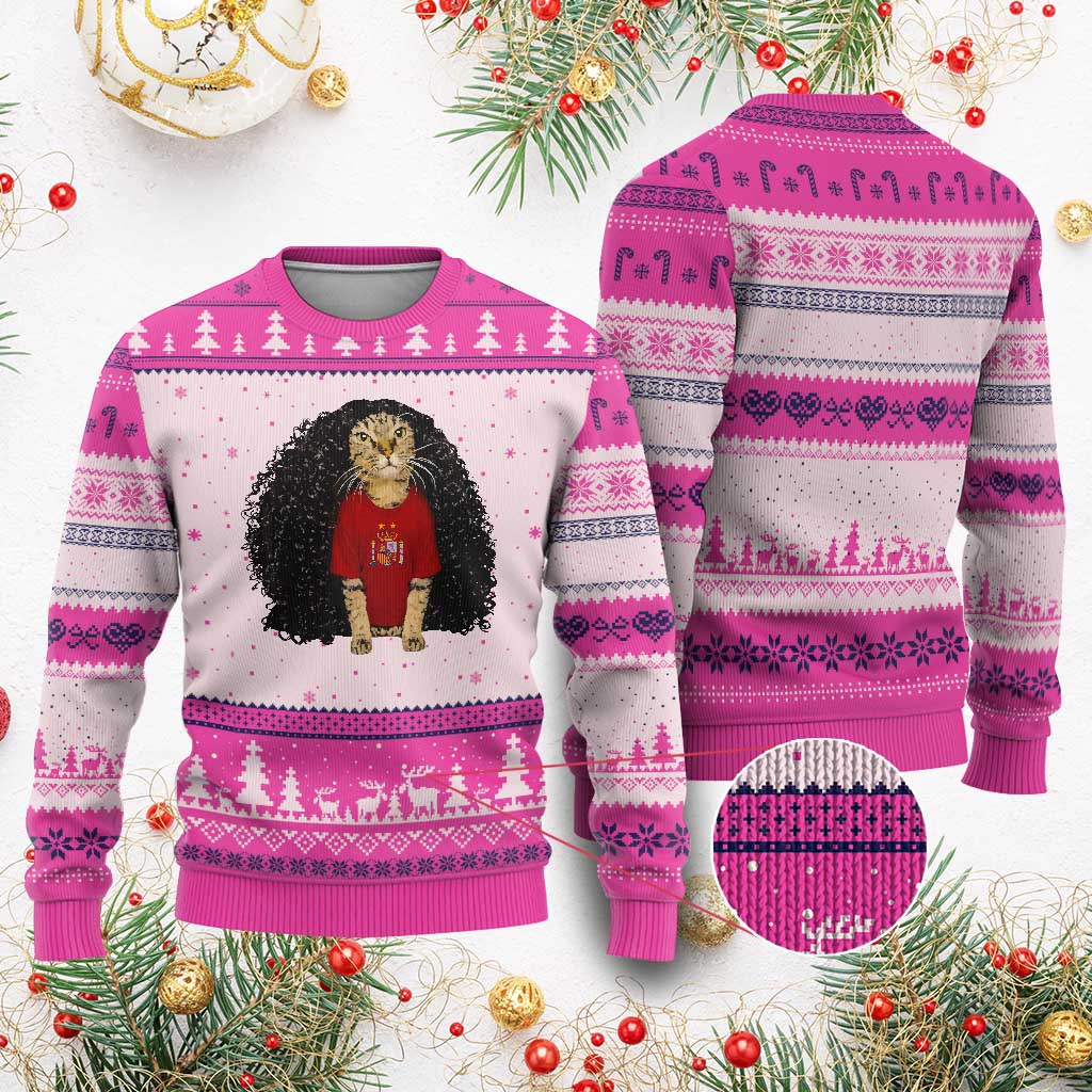 Funny Long Curly Hair Wig Soccer Cat Graphic Ugly Christmas Sweater Spain Espana Sports Fans Meme Spanish Pride