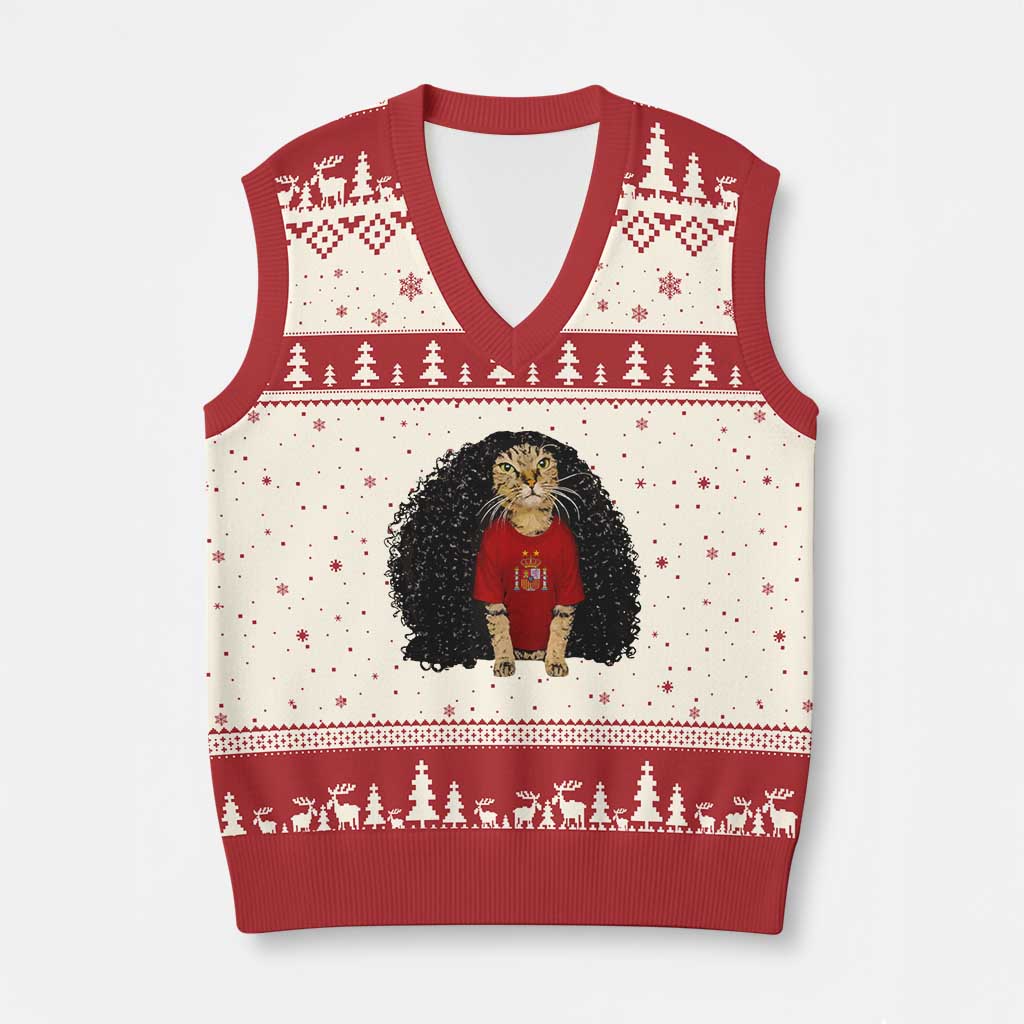 Funny Long Curly Hair Wig Soccer Cat Graphic V-Neck Knit Sweater Vest Spain Espana Sports Fans Meme Spanish Pride