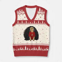 Funny Long Curly Hair Wig Soccer Cat Graphic V-Neck Knit Sweater Vest Spain Espana Sports Fans Meme Spanish Pride