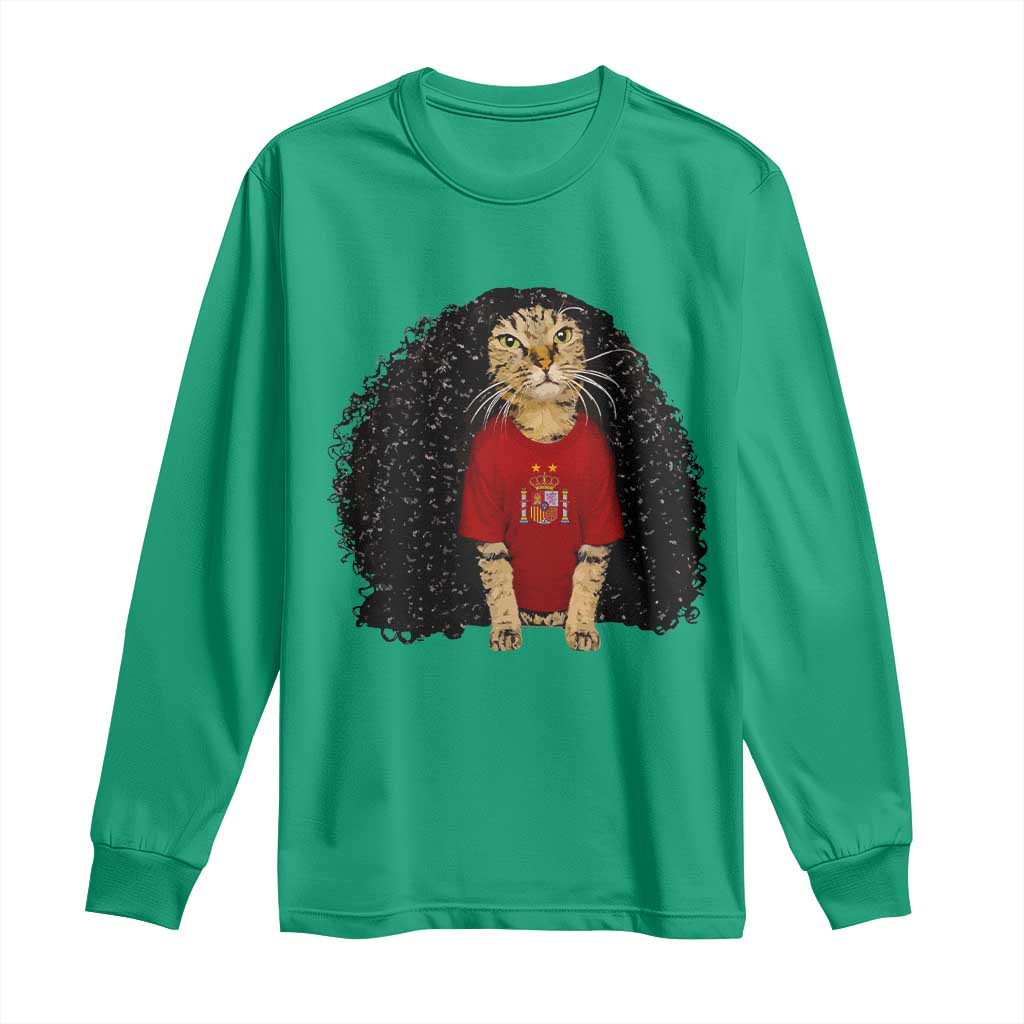 Funny Long Curly Hair Wig Soccer Cat Graphic Long Sleeve Shirt Spain Espana Sports Fans Meme Spanish Pride