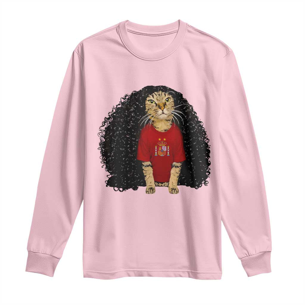Funny Long Curly Hair Wig Soccer Cat Graphic Long Sleeve Shirt Spain Espana Sports Fans Meme Spanish Pride