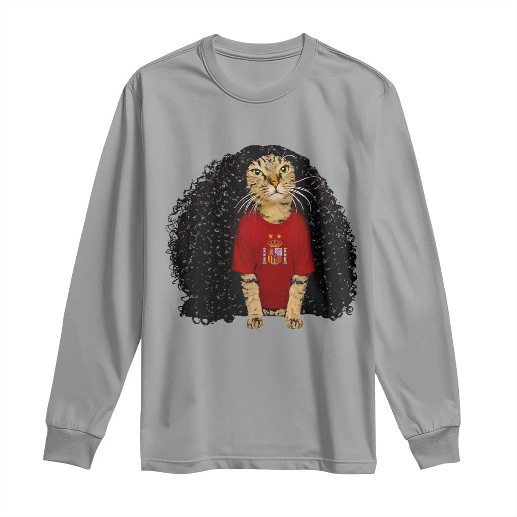 Funny Long Curly Hair Wig Soccer Cat Graphic Long Sleeve Shirt Spain Espana Sports Fans Meme Spanish Pride