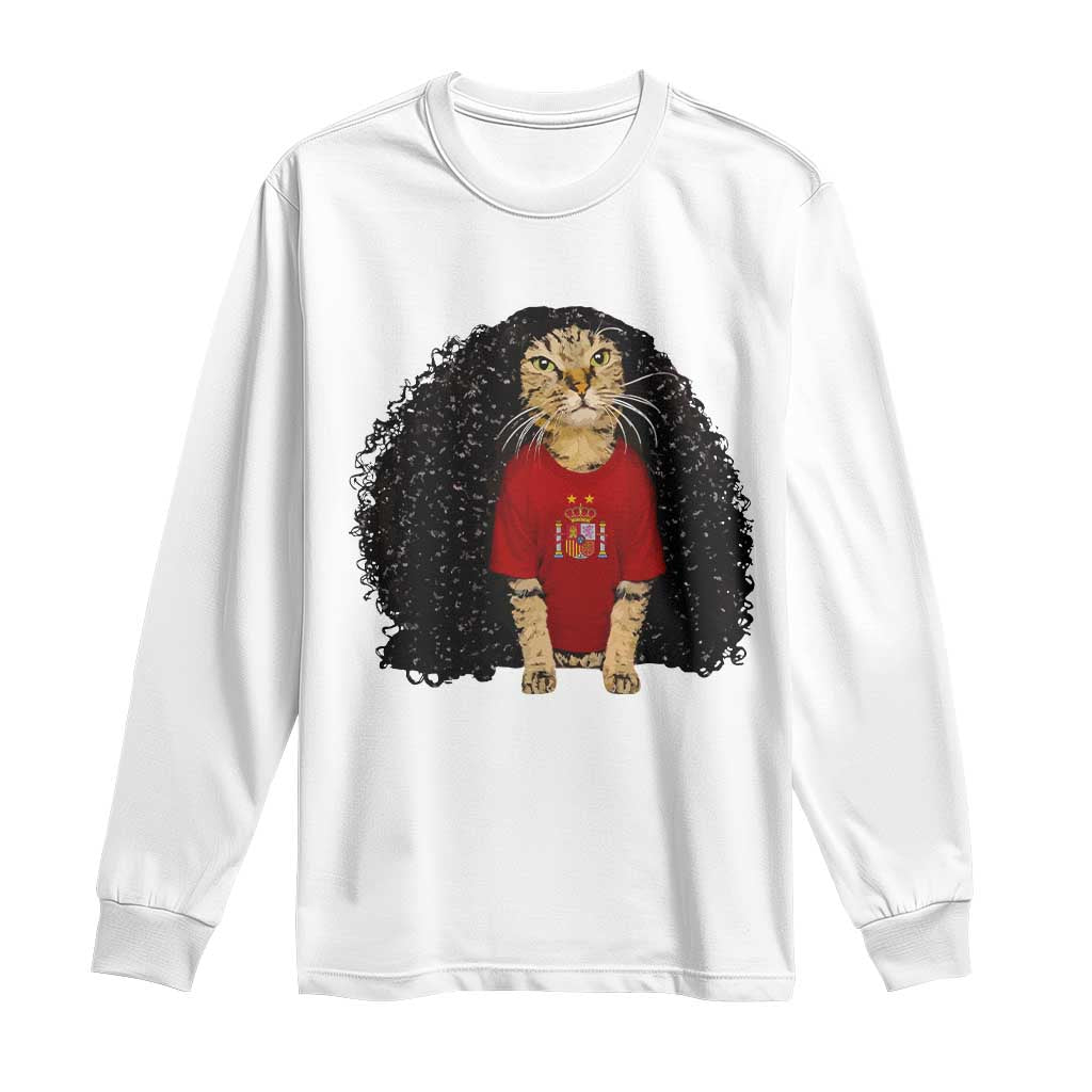 Funny Long Curly Hair Wig Soccer Cat Graphic Long Sleeve Shirt Spain Espana Sports Fans Meme Spanish Pride