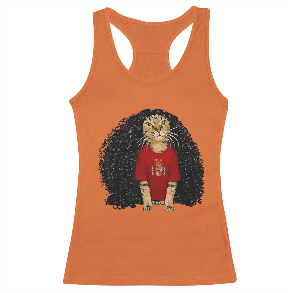 Funny Long Curly Hair Wig Soccer Cat Graphic Racerback Tank Top Spain Espana Sports Fans Meme Spanish Pride