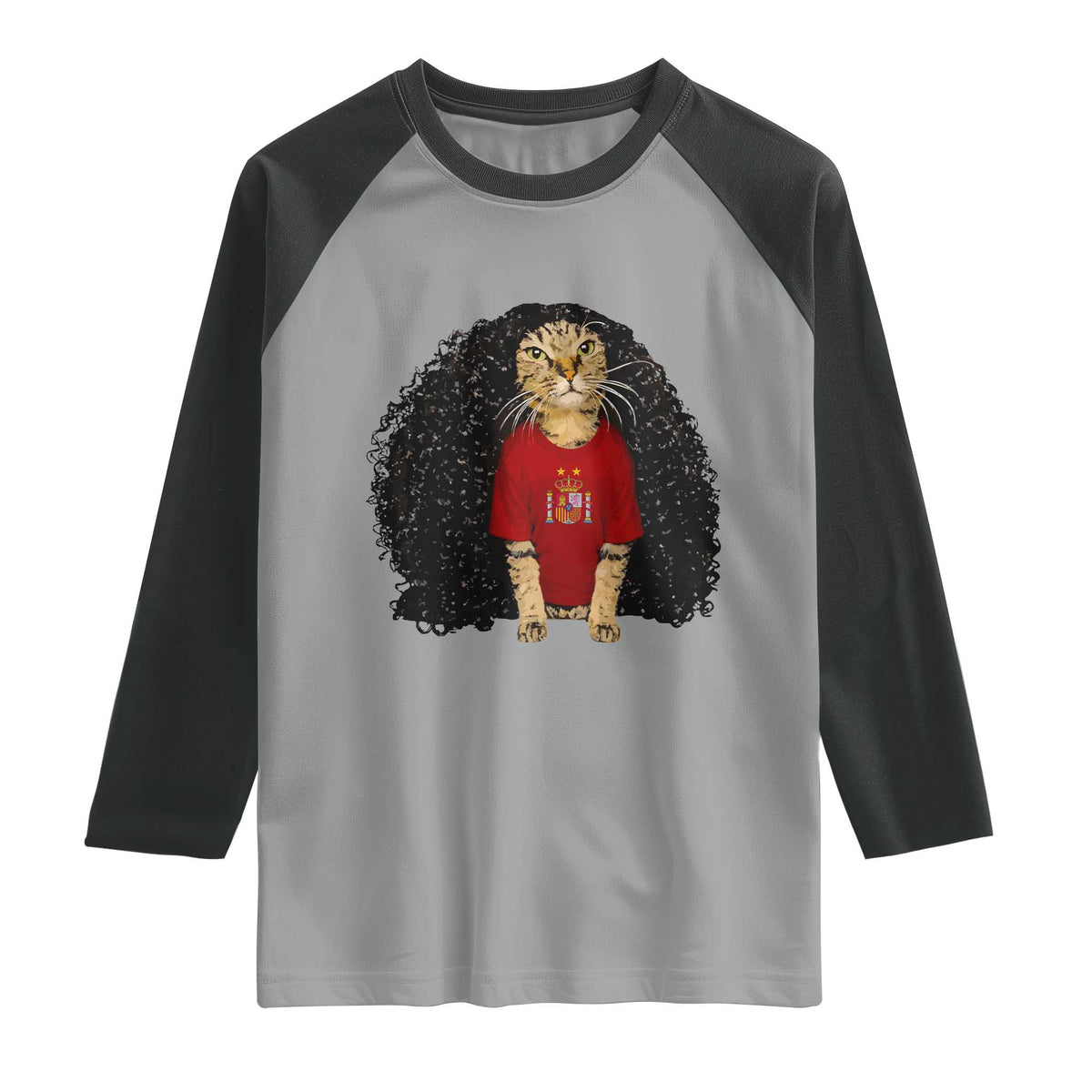 Funny Long Curly Hair Wig Soccer Cat Graphic Raglan Shirt Spain Espana Sports Fans Meme Spanish Pride