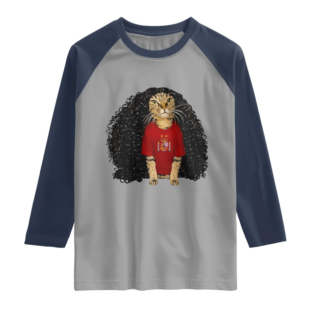 Funny Long Curly Hair Wig Soccer Cat Graphic Raglan Shirt Spain Espana Sports Fans Meme Spanish Pride