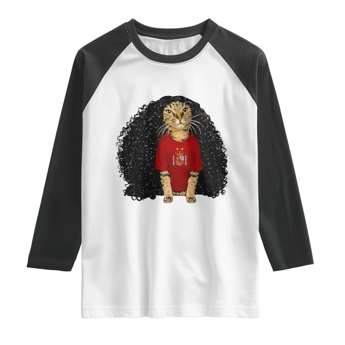 Funny Long Curly Hair Wig Soccer Cat Graphic Raglan Shirt Spain Espana Sports Fans Meme Spanish Pride