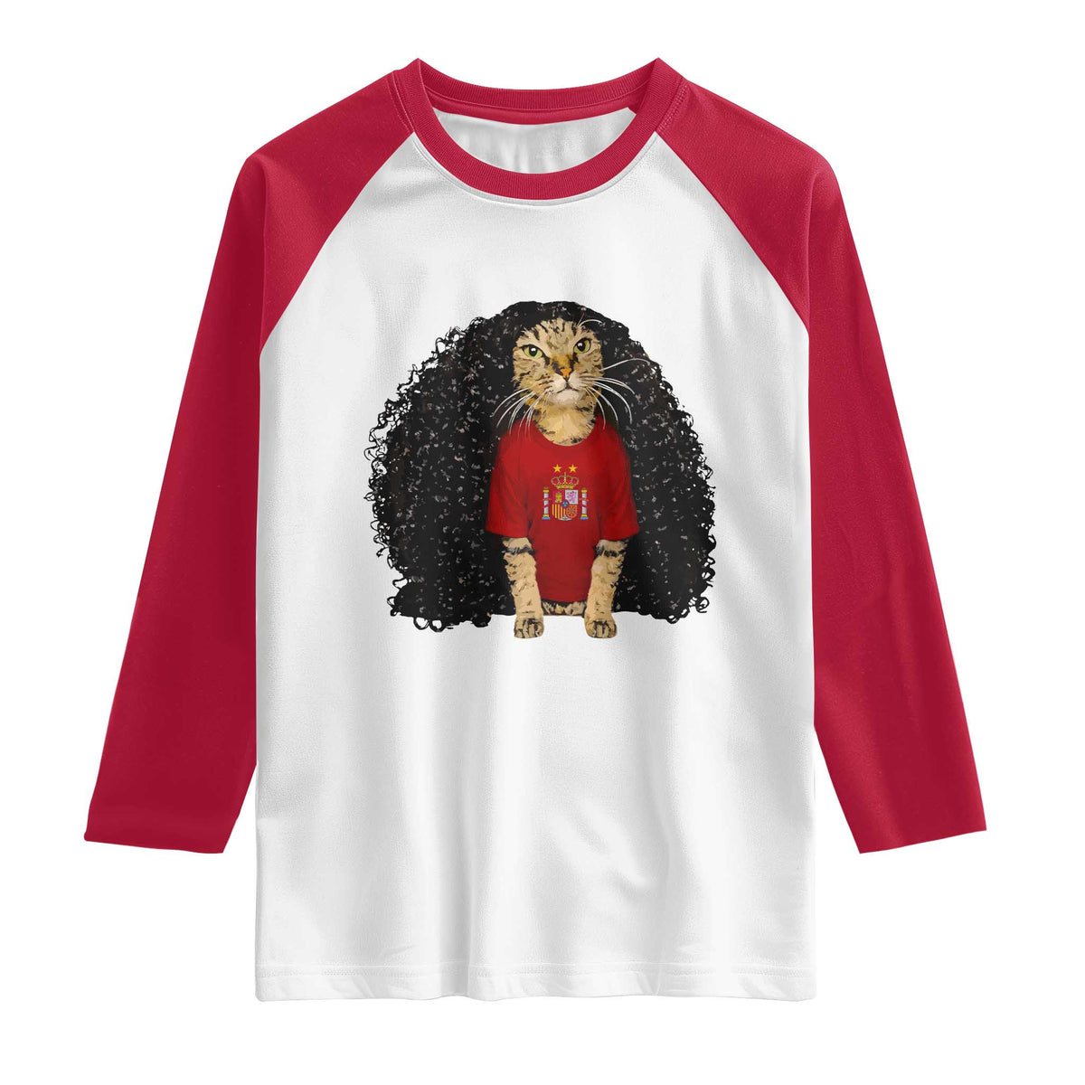 Funny Long Curly Hair Wig Soccer Cat Graphic Raglan Shirt Spain Espana Sports Fans Meme Spanish Pride