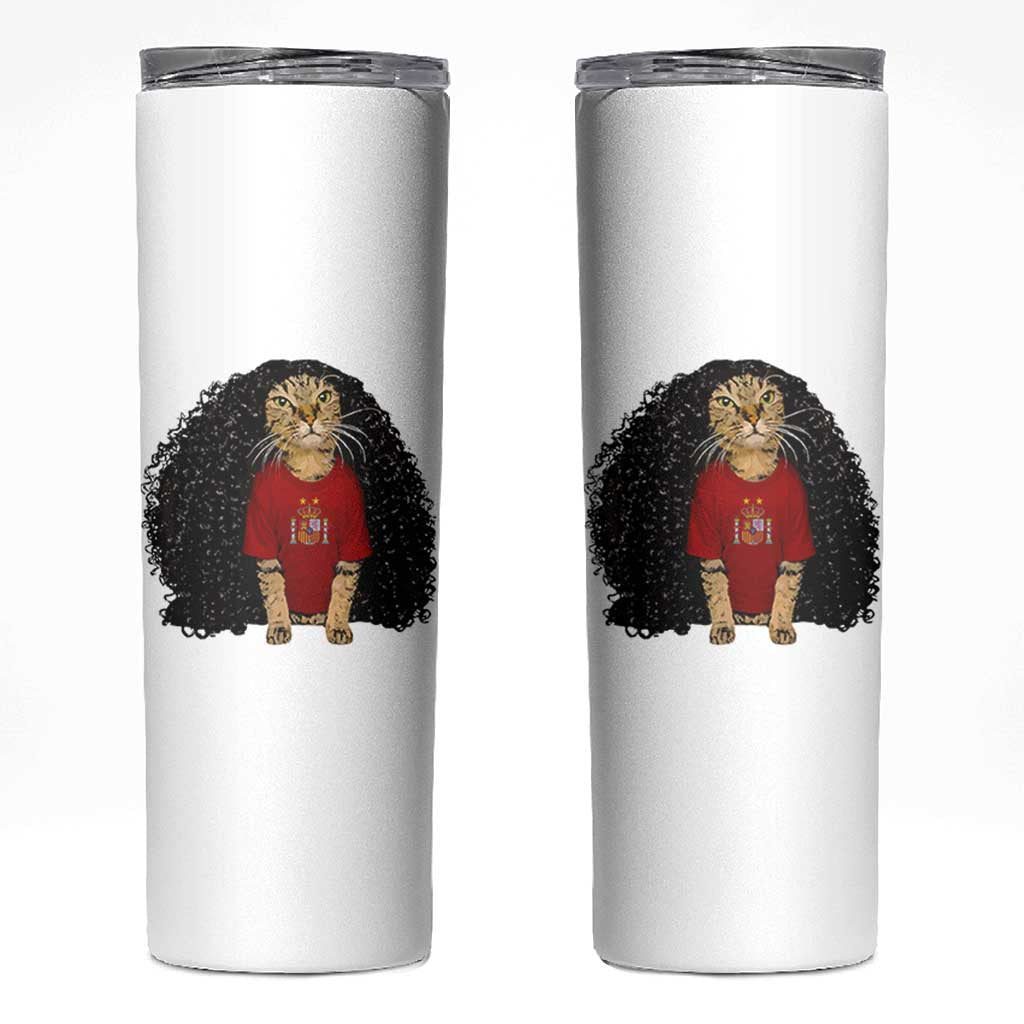 Funny Long Curly Hair Wig Soccer Cat Graphic Skinny Tumbler Spain Espana Sports Fans Meme Spanish Pride