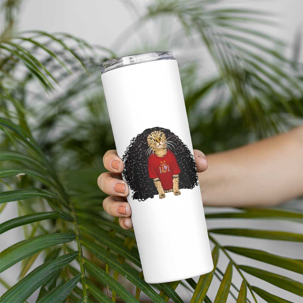 Funny Long Curly Hair Wig Soccer Cat Graphic Skinny Tumbler Spain Espana Sports Fans Meme Spanish Pride