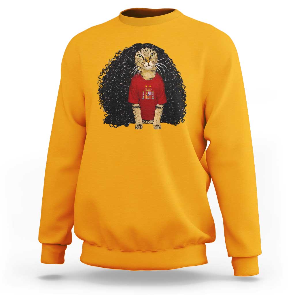Funny Long Curly Hair Wig Soccer Cat Graphic Sweatshirt Spain Espana Sports Fans Meme Spanish Pride