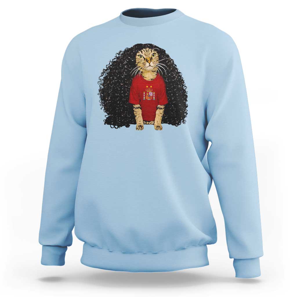 Funny Long Curly Hair Wig Soccer Cat Graphic Sweatshirt Spain Espana Sports Fans Meme Spanish Pride