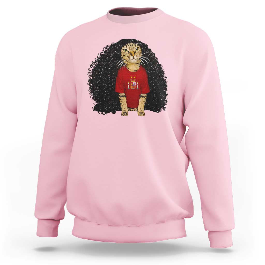 Funny Long Curly Hair Wig Soccer Cat Graphic Sweatshirt Spain Espana Sports Fans Meme Spanish Pride