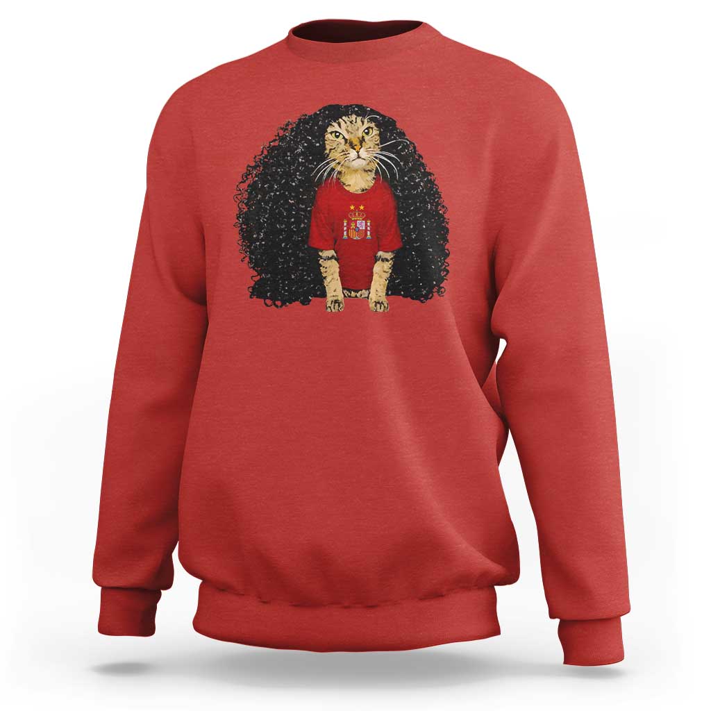 Funny Long Curly Hair Wig Soccer Cat Graphic Sweatshirt Spain Espana Sports Fans Meme Spanish Pride