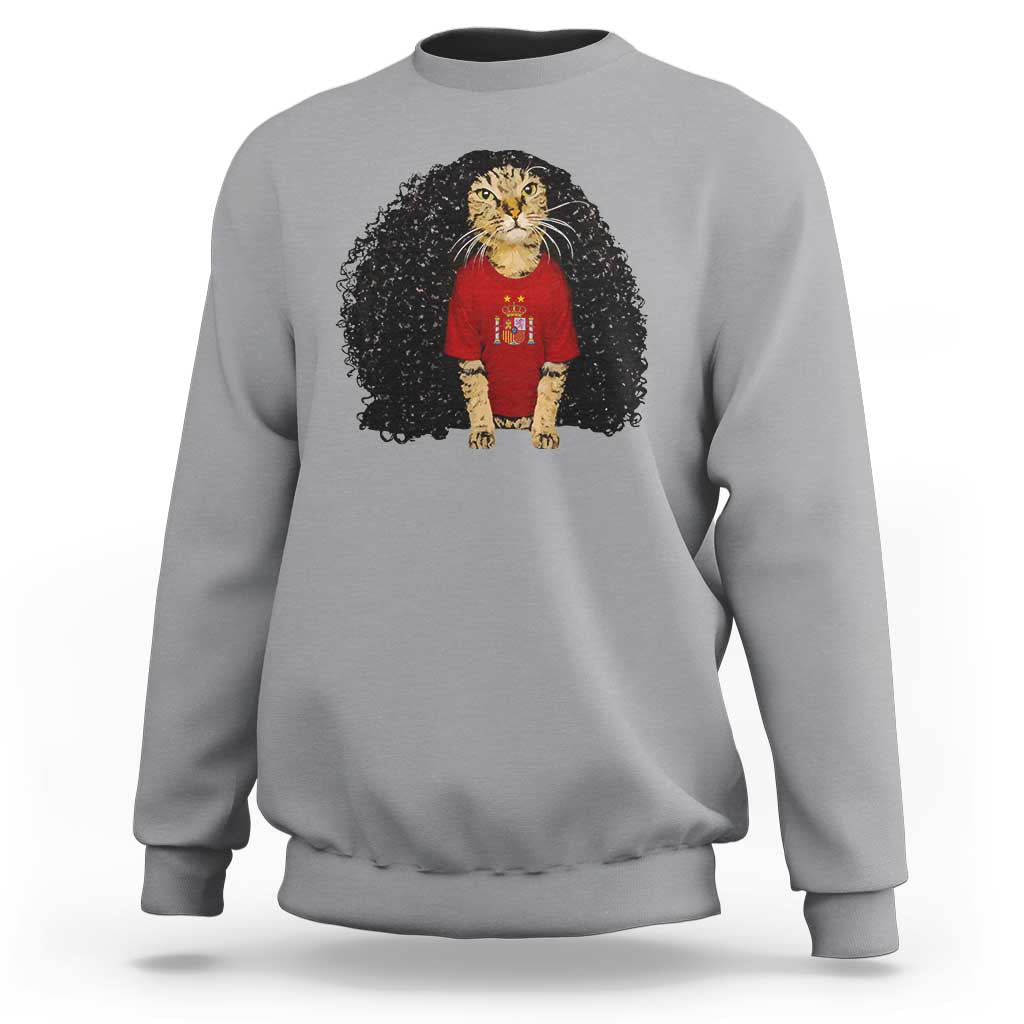 Funny Long Curly Hair Wig Soccer Cat Graphic Sweatshirt Spain Espana Sports Fans Meme Spanish Pride