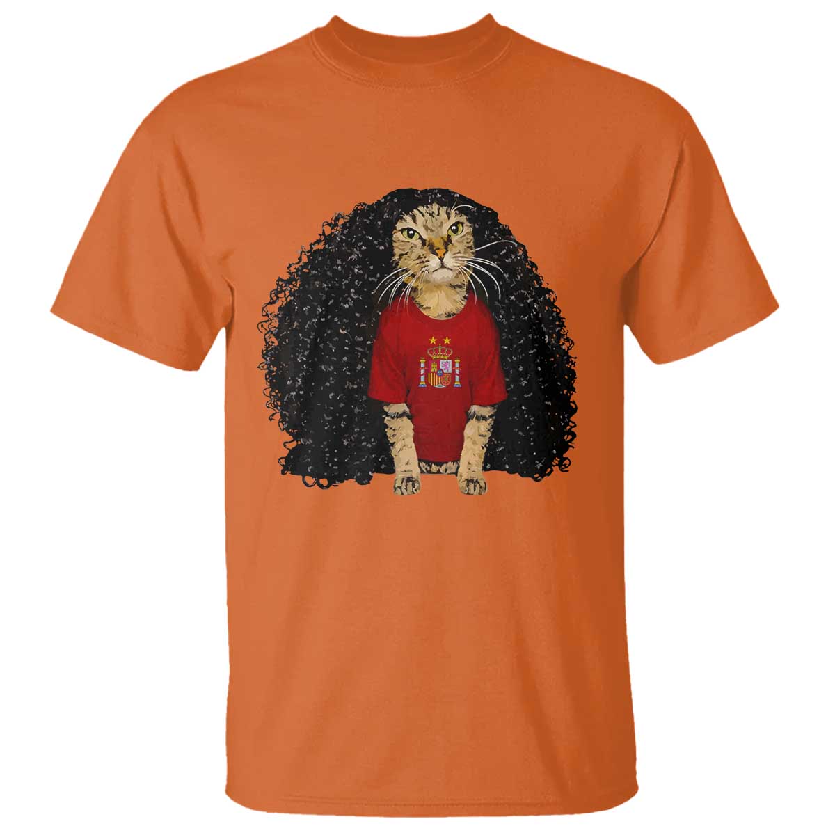 Funny Long Curly Hair Wig Soccer Cat Graphic T Shirt Spain Espana Sports Fans Meme Spanish Pride