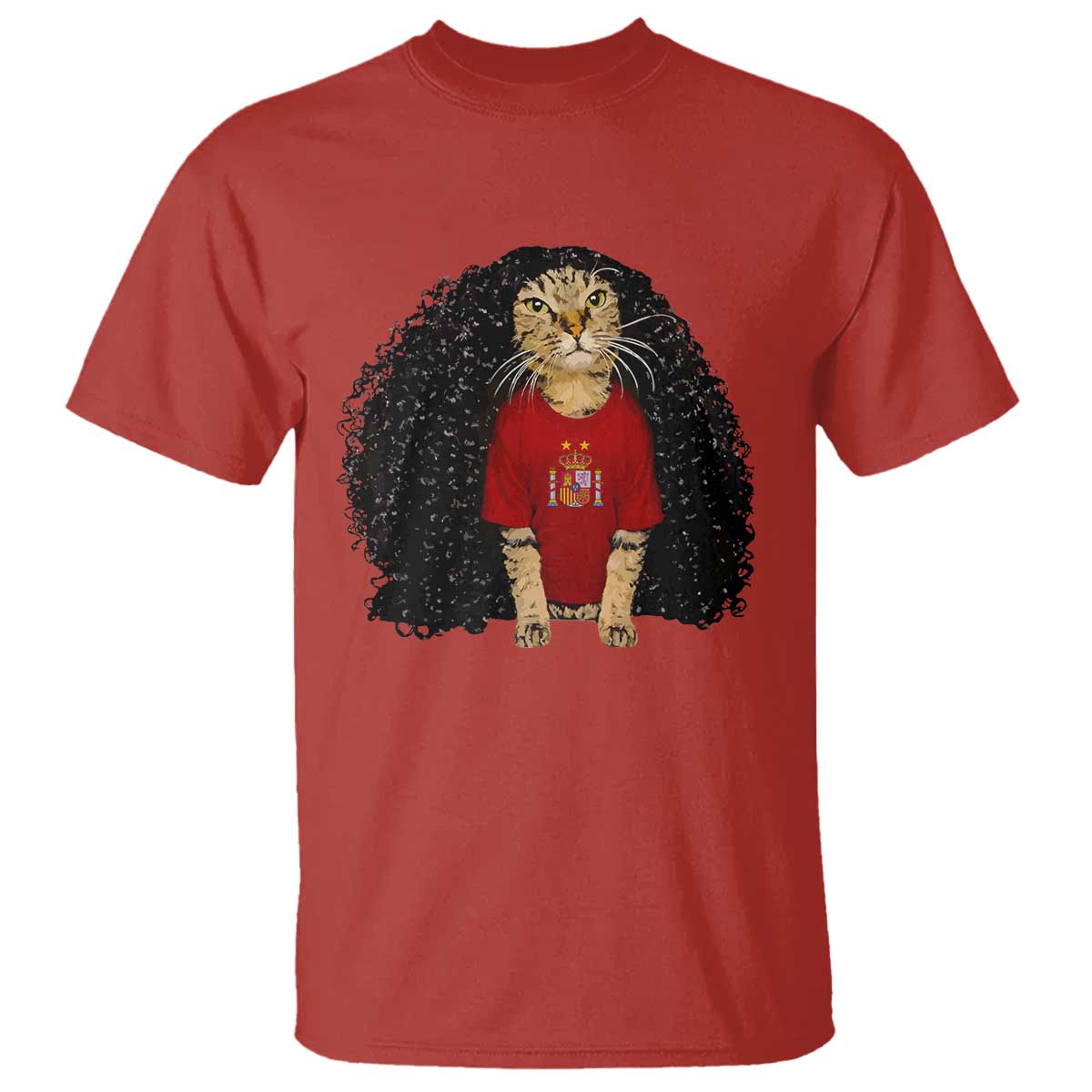Funny Long Curly Hair Wig Soccer Cat Graphic T Shirt Spain Espana Sports Fans Meme Spanish Pride