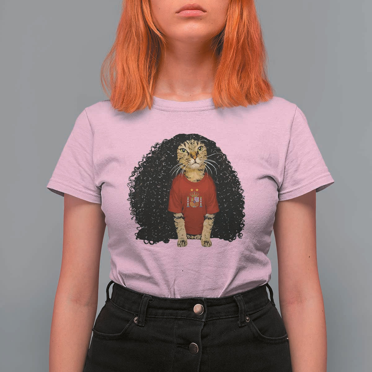 Funny Long Curly Hair Wig Soccer Cat Graphic T Shirt For Women Spain Espana Sports Fans Meme Spanish Pride