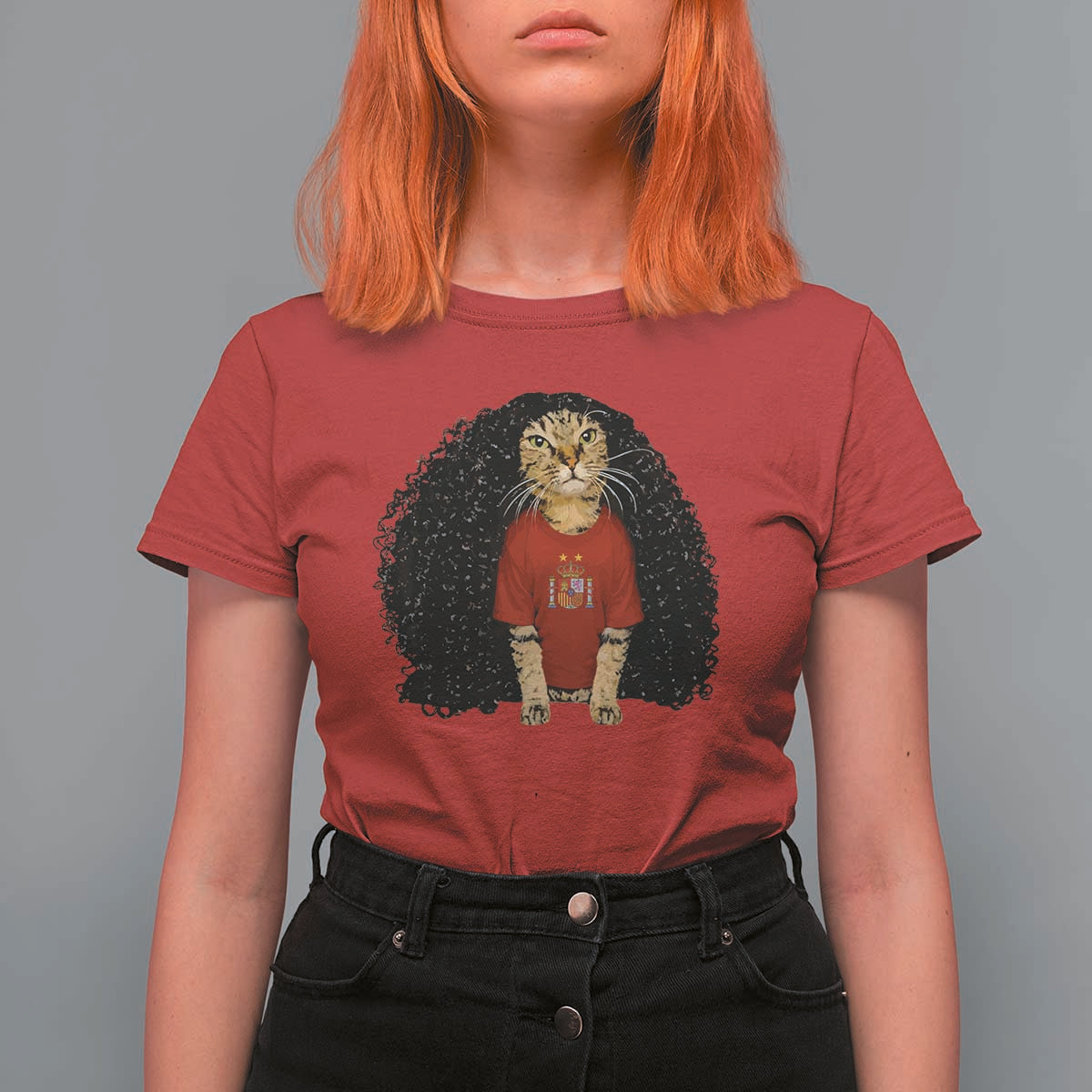 Funny Long Curly Hair Wig Soccer Cat Graphic T Shirt For Women Spain Espana Sports Fans Meme Spanish Pride