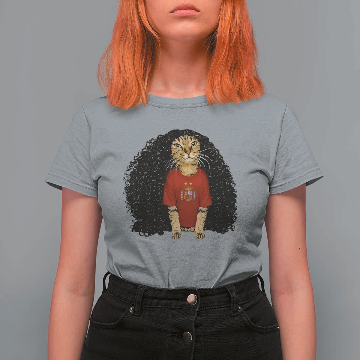 Funny Long Curly Hair Wig Soccer Cat Graphic T Shirt For Women Spain Espana Sports Fans Meme Spanish Pride