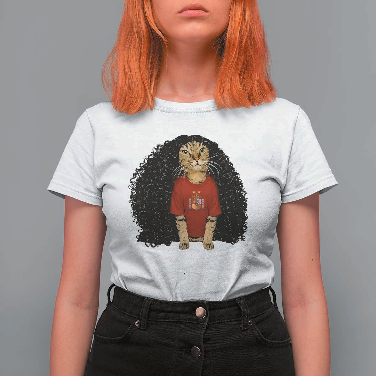 Funny Long Curly Hair Wig Soccer Cat Graphic T Shirt For Women Spain Espana Sports Fans Meme Spanish Pride