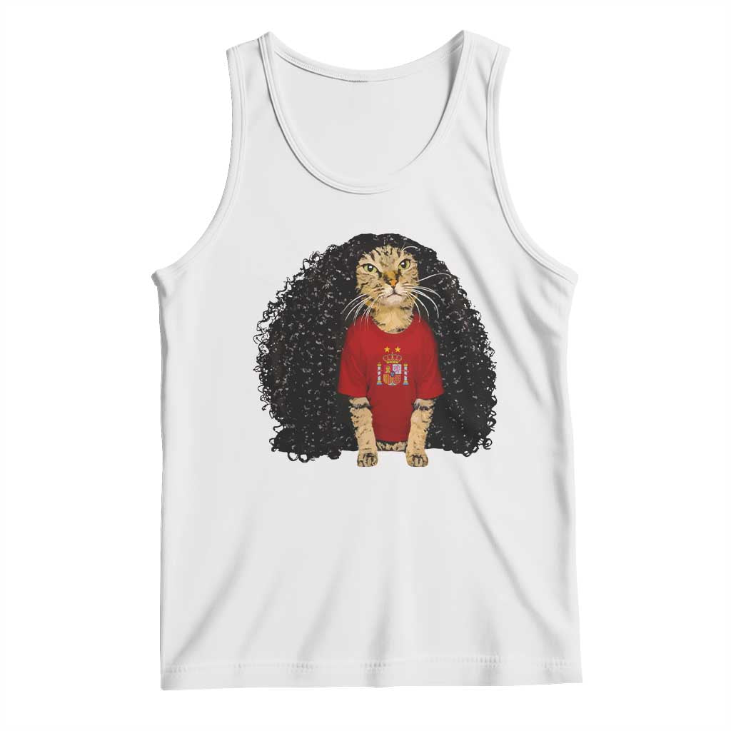 Funny Long Curly Hair Wig Soccer Cat Graphic Tank Top Spain Espana Sports Fans Meme Spanish Pride