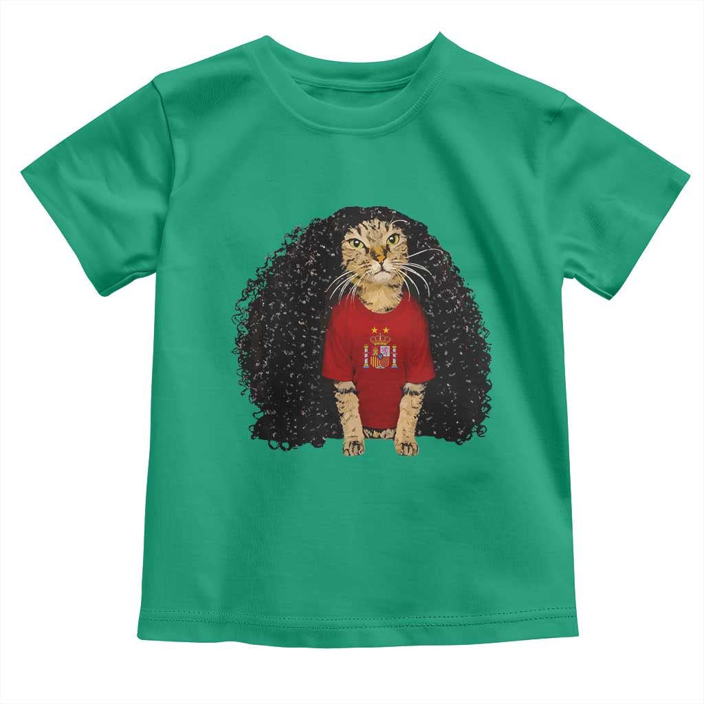 Funny Long Curly Hair Wig Soccer Cat Graphic Toddler T Shirt Spain Espana Sports Fans Meme Spanish Pride