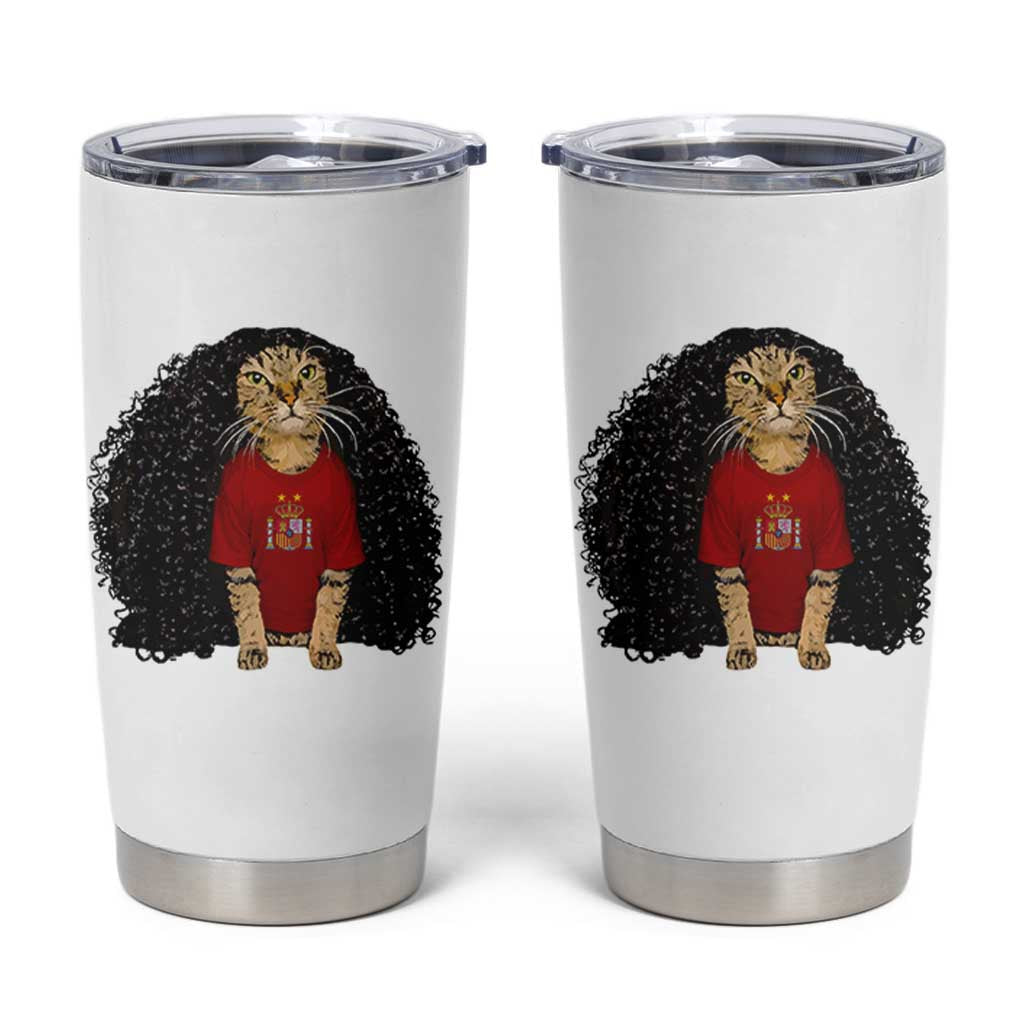 Funny Long Curly Hair Wig Soccer Cat Graphic Tumbler Cup Spain Espana Sports Fans Meme Spanish Pride