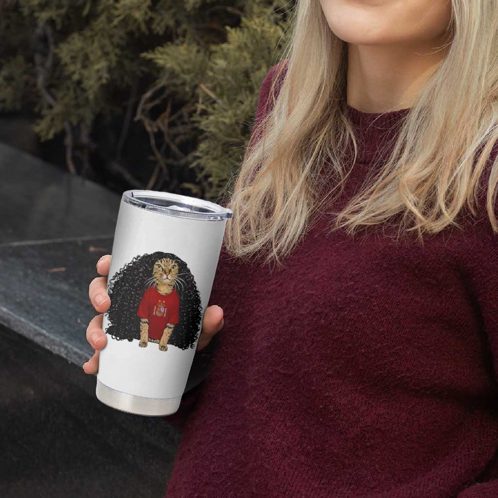 Funny Long Curly Hair Wig Soccer Cat Graphic Tumbler Cup Spain Espana Sports Fans Meme Spanish Pride