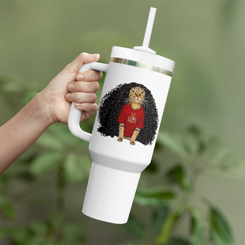 Funny Long Curly Hair Wig Soccer Cat Graphic Tumbler With Handle Spain Espana Sports Fans Meme Spanish Pride