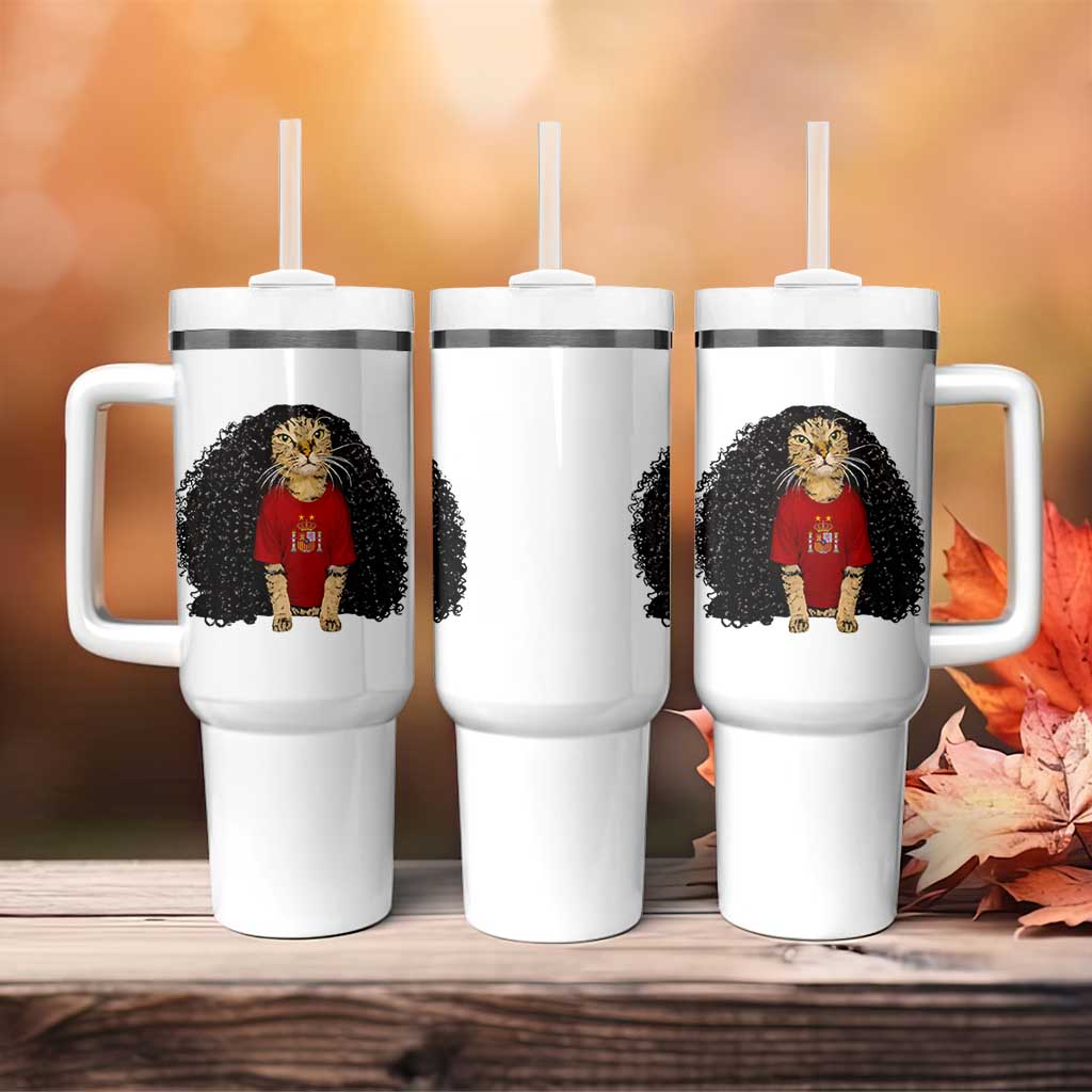 Funny Long Curly Hair Wig Soccer Cat Graphic Tumbler With Handle Spain Espana Sports Fans Meme Spanish Pride