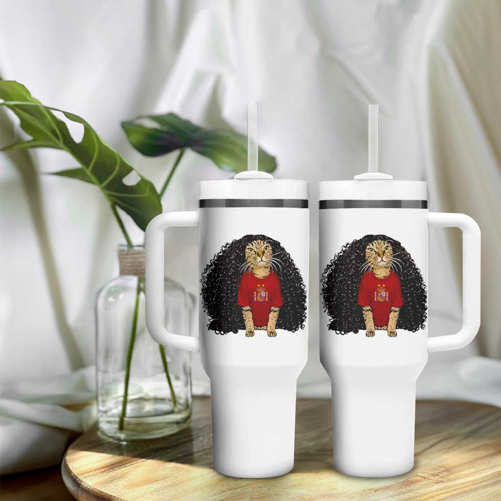 Funny Long Curly Hair Wig Soccer Cat Graphic Tumbler With Handle Spain Espana Sports Fans Meme Spanish Pride
